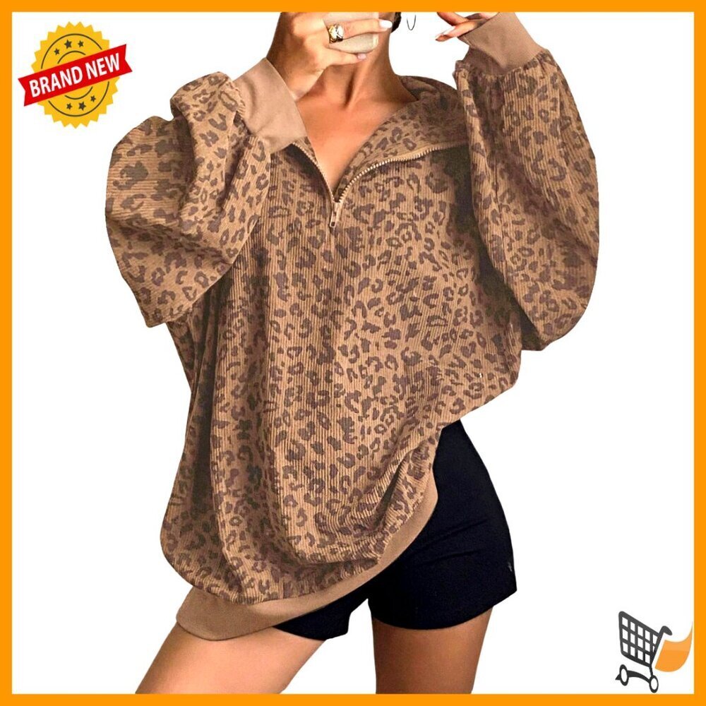 Leopard Print Quarter Zip Pullover Sweatshirt Oversized Y2K Chic Streetwear